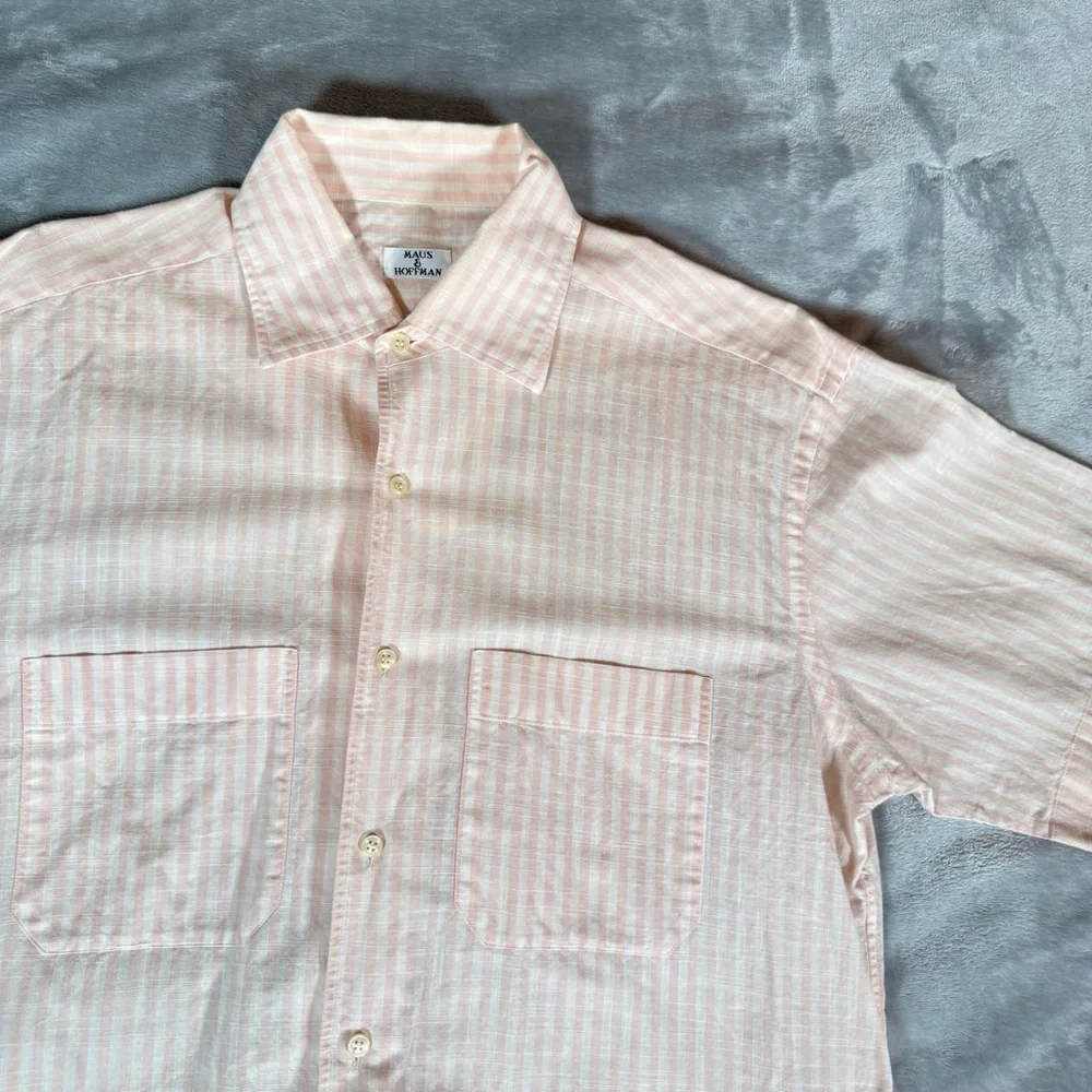 Vintage Maus & Hoffman Cotton Striped Button Shirt Mens Medium Pink 80s - Picture 2 of 11